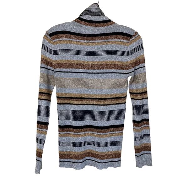 Vintage 70s 80s Metallic Lurex Striped Turtleneck Sweater Gold Silver Bronze - Picture 2 of 16